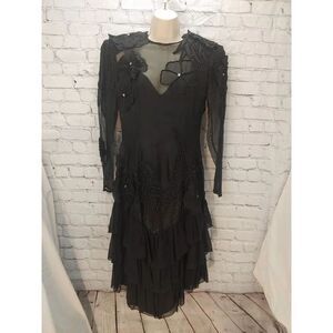 Black Tie VINTAGE Women's Size 8 Black Silk & Chiffon with Appliques Maxi Dress